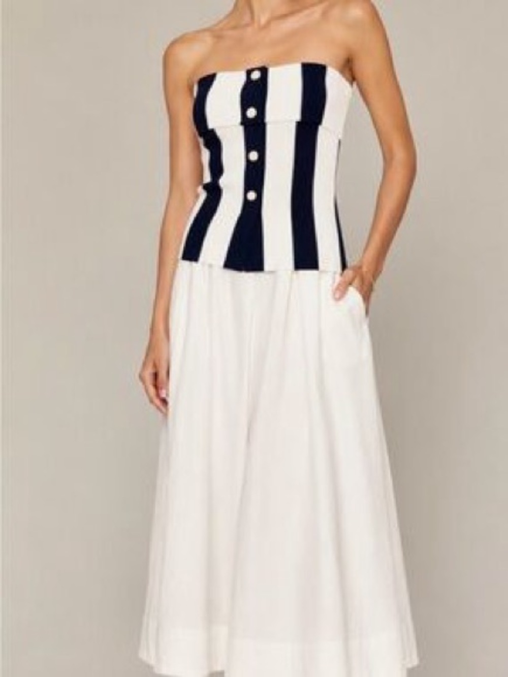 Moon River Navy and White Strapless Midi dress
